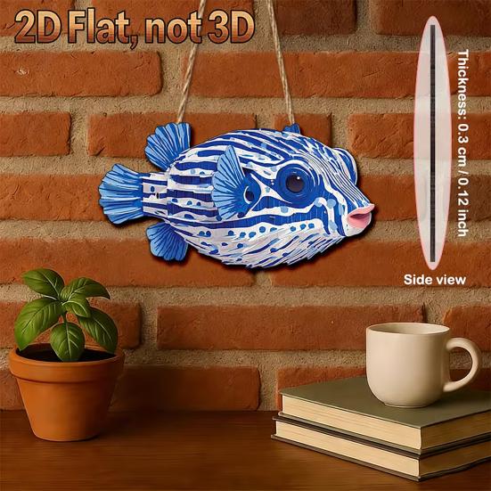 Ocean Theme Striped Puffer Fish Wall Decor Nautical Wooden Hanging Sign with Hemp Rope Decorative Beach Pendant for Beach House