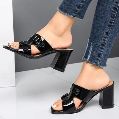 2024 Высококачественные женские летние модные однотонные женские тапочки с открытым носком и пряжкой на толстом каблуке женские тапочки на высоком каблуке