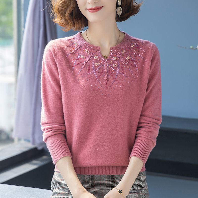 Cashmere Knitted Sweater Embroidered with Diamonds, Women's Loose Oversized Base Sweater