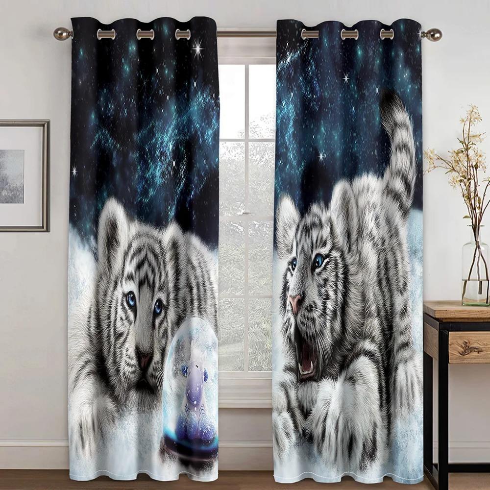 3D Digital Print Cheap Custom Animal Lion Tiger Two Thin Window Curtains for Living Room Bedroom Kitchen Office Decor 2 Pieces