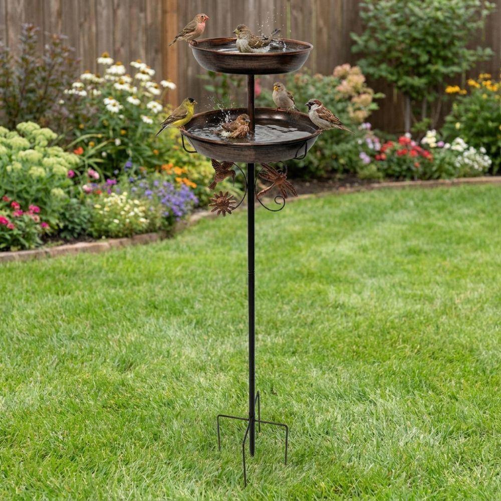 Double Layer Iron Bird Bath Feeder Vintage Standing Bird Feeding Station Lawn Decor