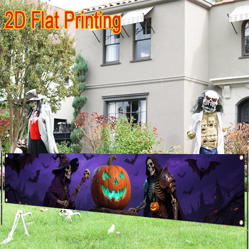 Halloween Horror Skull Party Crow Fence Banner, Pumpkin Design, Polyester Outdoor Lawn Wall Holiday Decoration