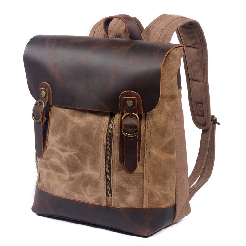 Waxed Canvas with Leather Backpack Vintage Style College Bag Bagpack Waterproof Outdoor Travel Rucksack Daily School Bag for Men