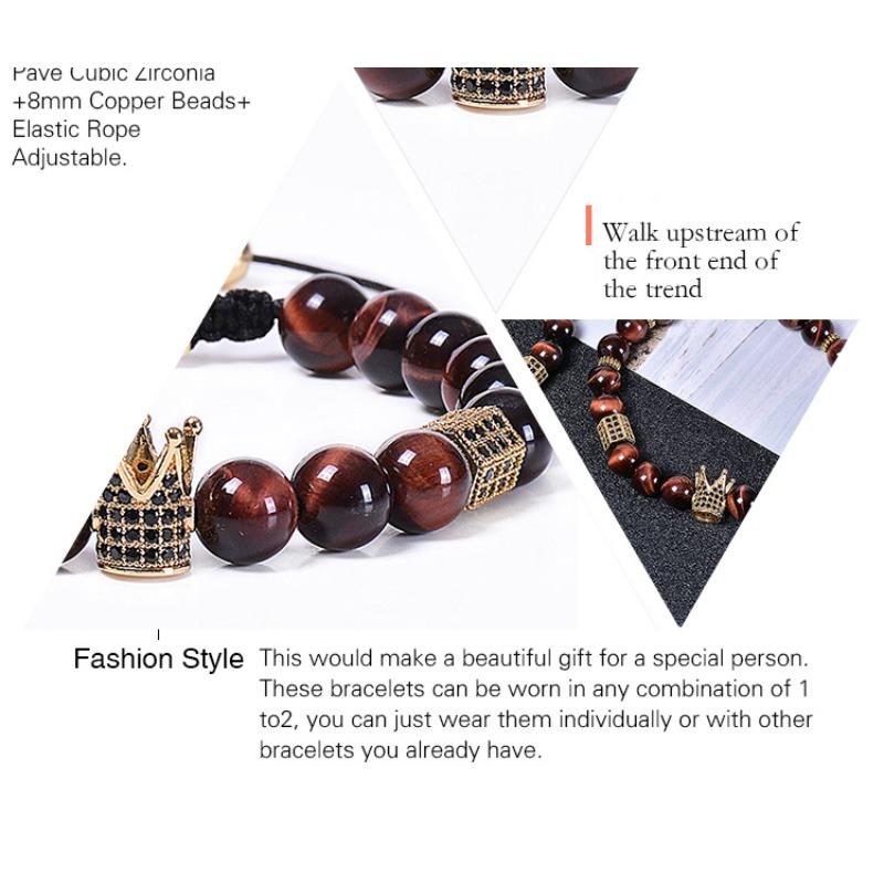 8mm natural red tiger eye woven bracelet, micro inlaid zircon, crown bracelet, jewelry, Christmas gift, Stocking stuffers, Valentine's Day gift
