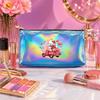 Cute Teddy Bear with Red Truck and Rose Flower Print Laser Cosmetic Makeup Bag, Holographic Travel Toiletry Pouch for Women Girls Gift