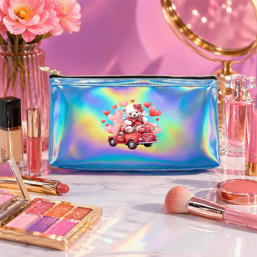 Cute Teddy Bear with Red Truck and Rose Flower Print Laser Cosmetic Makeup Bag, Holographic Travel Toiletry Pouch for Women Girls Gift