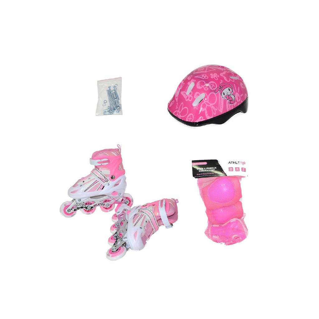 Детские детские коньки унисекс с розовым алюминиевым корпусом, ортопедические, с подсветкой, полный комплект защитных коньков