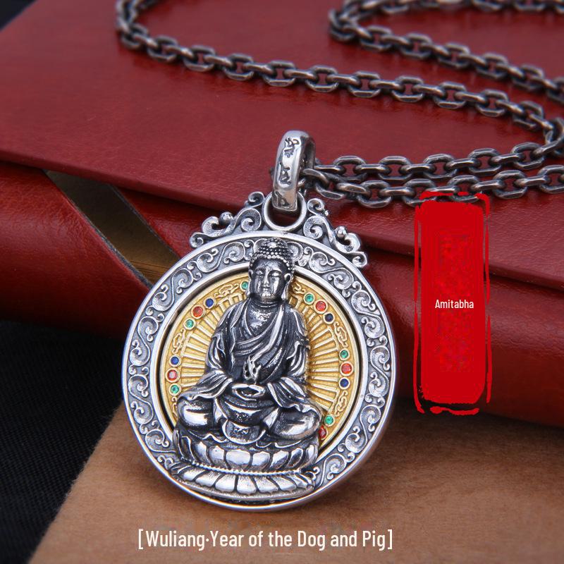 Ожерелье-амулет Будды из тайского серебра в стиле ретро с восемью богами-хранителями и мантрой из шести символов