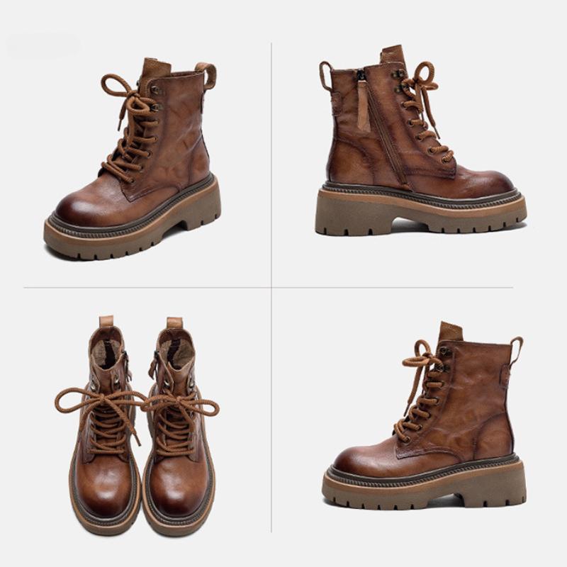 Johnature Винтажные сапоги на толстой подошве, короткие сапоги из натуральной кожи с боковой молнией, модная универсальная женская обувь