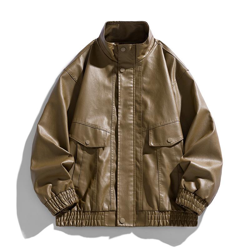 New Fattened Plus Size Leather Jacket Men's PU Leather Tooling Large Size Leather Jacket Men's Stand-Up Collar Locomotive Douyin Cross