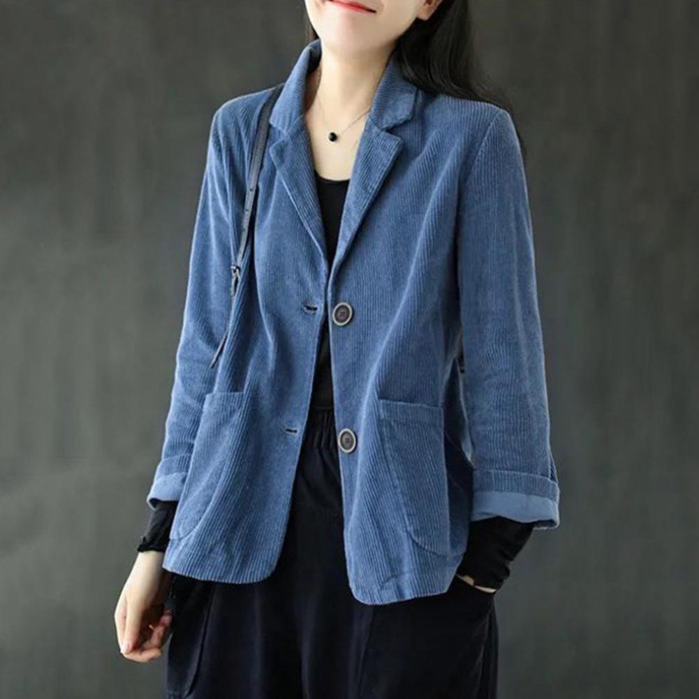 Corduroy Suit Coat Women Autumn Retro Loose Fit Single-Breasted Suit Jacket Lapel Long Sleeve Solid Color Business Coat with Poc