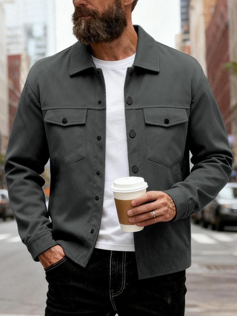 2025 Autumn/Winter Slim Fit Men's Lapel Jacket - Single-Breasted, Solid Color, Double Pocket, Casual European/American Style