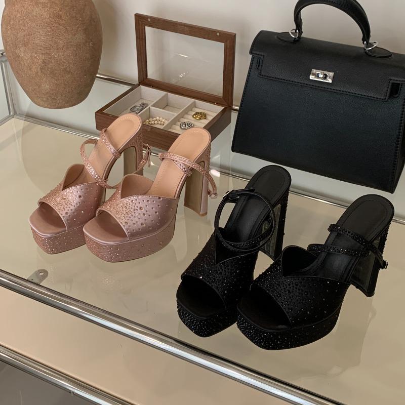 New Rhinestone High Heels Women Sexy Sandals Crystal Silk Ankle Strap Female Square Toe Chunky Platform Shoes Black