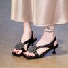 Rhinestone Camellia High Heels Summer New Light Cooked Style Square Toe Open Toe Back Empty Stiletto Sandals