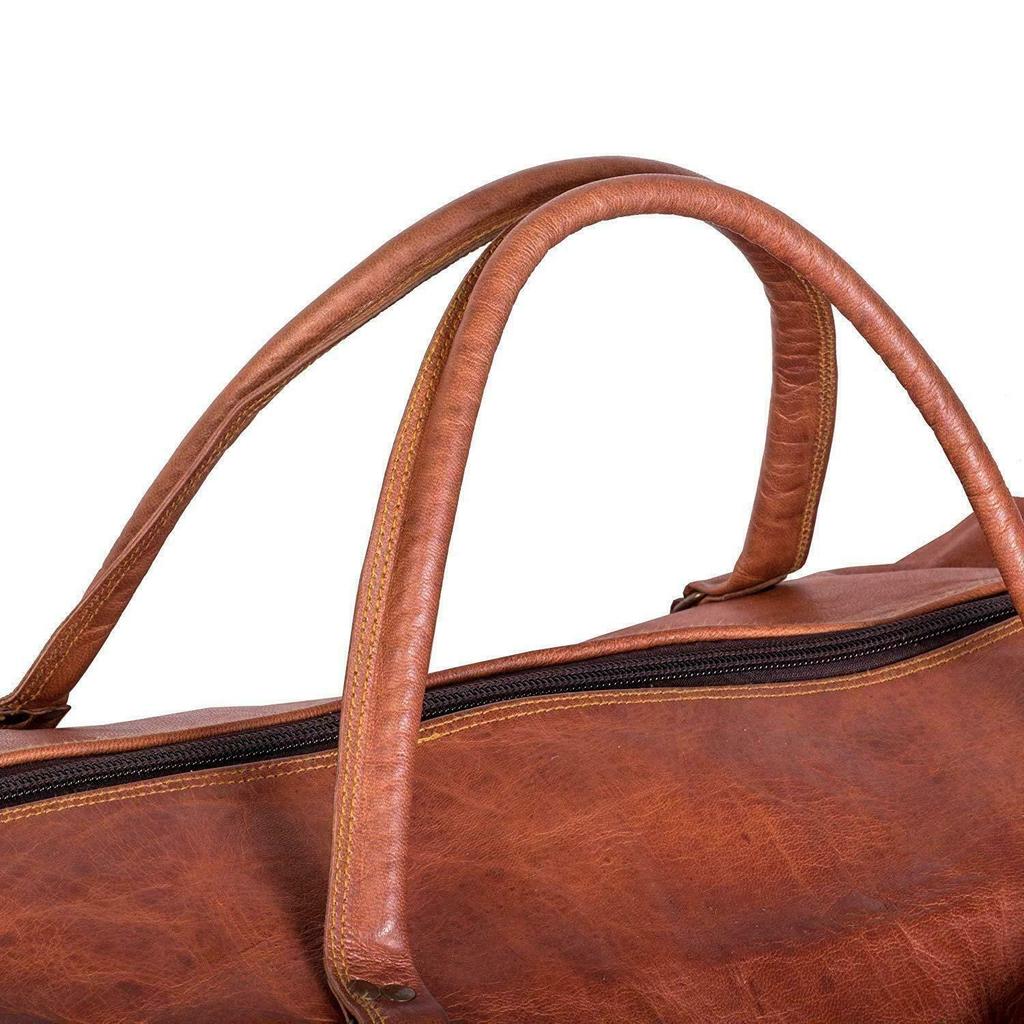 Men's Vintage Genuine Travel Luggage Duffel Gym Bags Brown Goat Leather