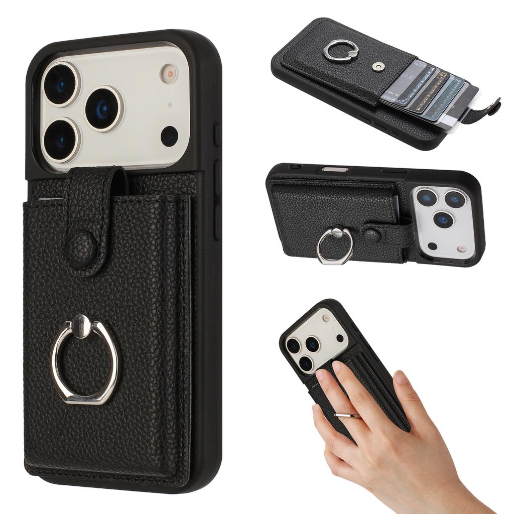 For iPhone 17 Pro Case with Ring Kickstand Drawing Type Card Slots Leather Back Cover