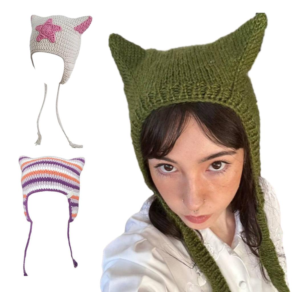 Cat Ear Beanie Hat for Women Harajuku Style Star/Stripe Skull Hat Handmade Crochet Hat Y2K Cool Girls Warm Headpieces