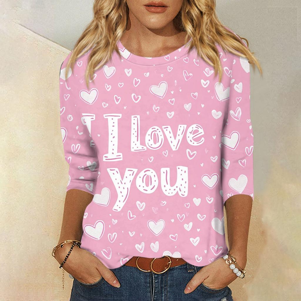 Women's Fashion Casual Round Neck 3/4 Sleeve Loose Valentine's Day Printed T-Shirt Ladies Top
