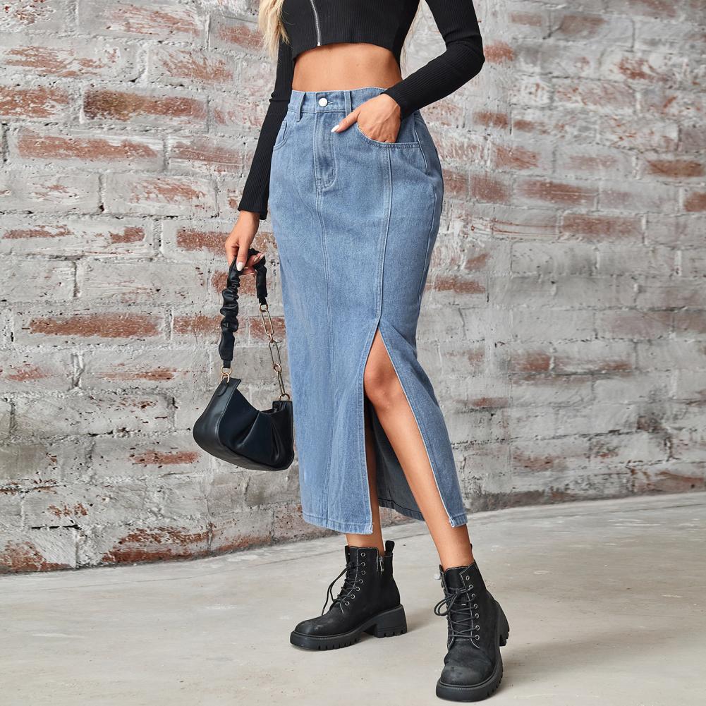 Summer Midi Skirt Button Zipper Fly Side Slit Design Denim Skirt with Pockets Retro Summer Denim Casual Skirt Daily Wear