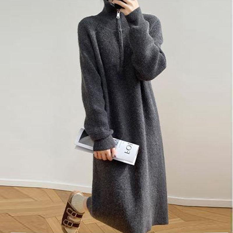 Вязаное платье-свитер с застежкой-молнией и лацканами, женское осенне-зимнее длинное шерстяное платье с высоким воротом, прямое французское платье с длинными рукавами, женское