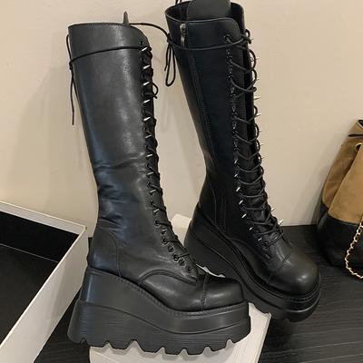 Модные сапоги на танкетке средней высоты, женские сапоги в готическом стиле с толстой подошвой, ковбойские сапоги на тонкой платформе