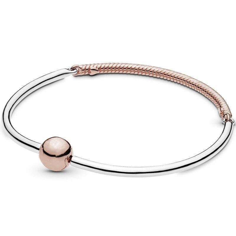 Authentic Sterling Stylish Jewelry Color Rose Gold Tone Ball Circular Three Link Snake Chain Wrist Bracelet Fit Women Bead Charm Diy