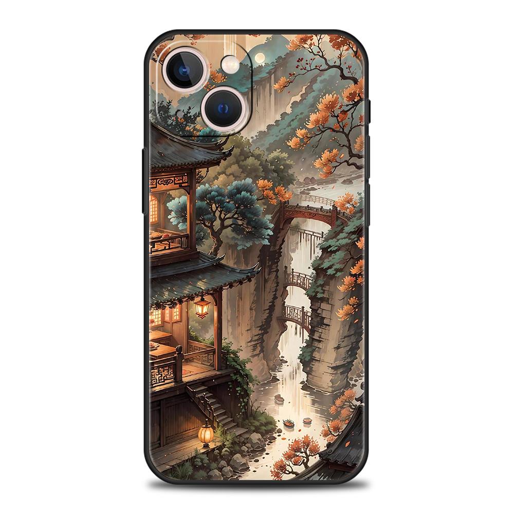 Мягкий ТПУ чехол для телефона iPhone 16/15/14/13/12/Pro/Max/16E/11/Pro/7/8/Plus/XS/Max, ударопрочный, в китайском стиле, с рисунком пейзажа