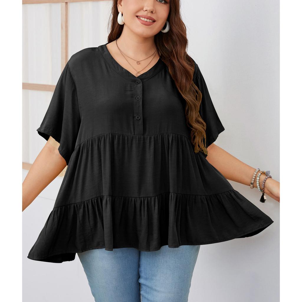 Женская рубашка с круглым вырезом и рюшами, свободная повседневная летняя футболка с коротким рукавом и баской, легкая дышащая удобная модная рубашка для поездок на работу плюс