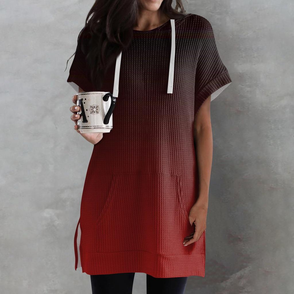 Женские свободные рубашки с принтом, толстовки с короткими рукавами и шнурком, вязаная туника с боковыми разрезами, топы с капюшоном и карманом