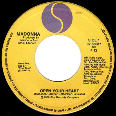 7-дюймовая пластинка MADONNA Open Your Heart 9285087 Sire 1986 Канада Танцевальная Электроника Б/У