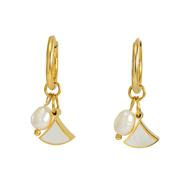 New European and American style stainless steel pearl earrings, versatile and stylish, with a unique fan-shaped design, made of titanium steel for