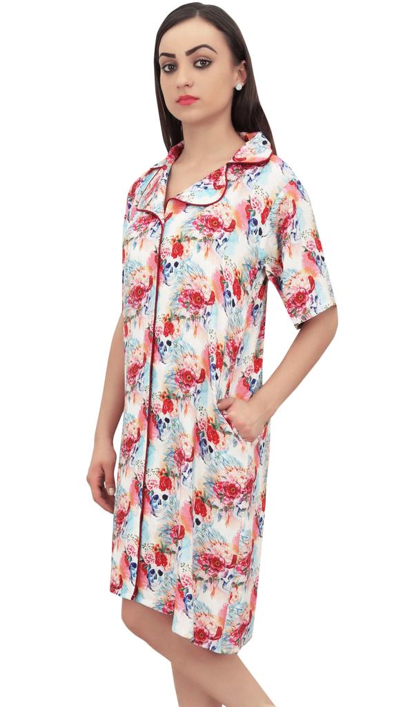Bimba Floral Printed Women's Notched Collar Shirt Night Dress With Pockets -