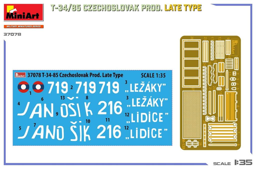 MiniArt Scale Czechoslovakian Late Model Plastic Model Kit MA37078 1/35 T-34-85 (Tank)