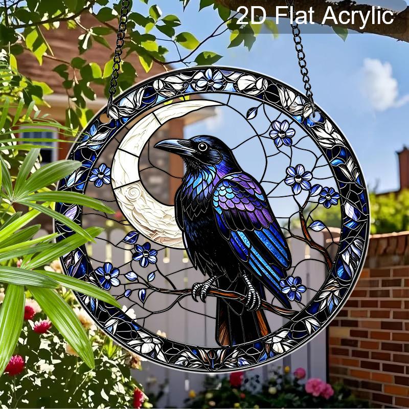 2D Flat Acrylic Halloween Crow Suncatcher Decorative Hanging Ornament, 7.87/11.81inches Black Window Hanging Pendant, Nature Bird Lovers Housewarming