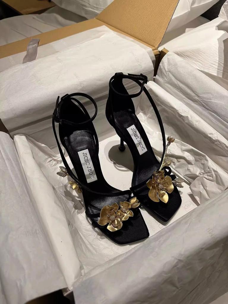 Flower High Heels Women's 2025 Summer New Cut Men's Thin Heels Square Head Open Toe One-button Rhinestone Rose Sandals