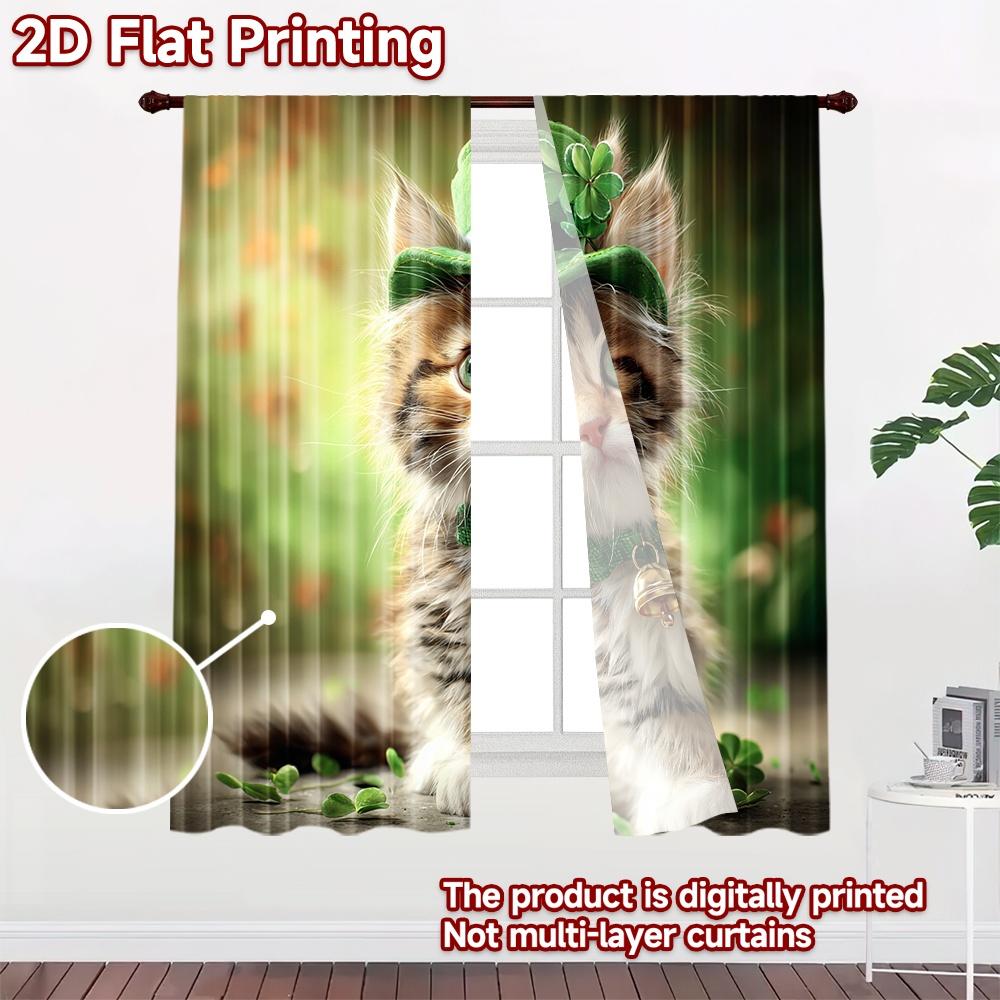 2D flat printing 2pcs Party Curtain Cute Cat Shamrock Hat Digital Printed Polyester Drapes Family Party Decoration Use for