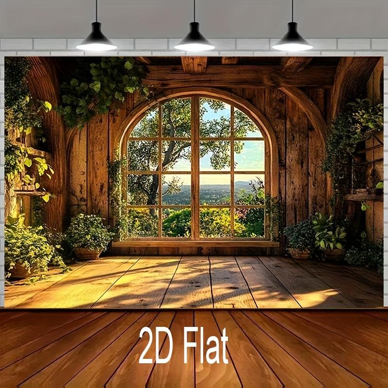 2D plane, single rough wooden window background image, with plants and greenery - polyester material photography background