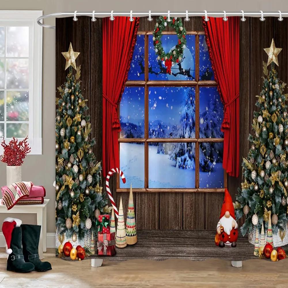 Рождественская вечеринка Занавески для душа Камин Рождественская елка и подарки Снеговик Снежная сцена Моющаяся занавеска для душа Арт Декор для ванной