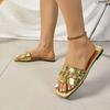 Мода 2025 Лето Новая Мода Большой Размер Плоские Шлепанцы Женские Квадратный Носок Стразы Металлическая Цепочка Мягкие Слипоны Нескользящие Вьетнамки