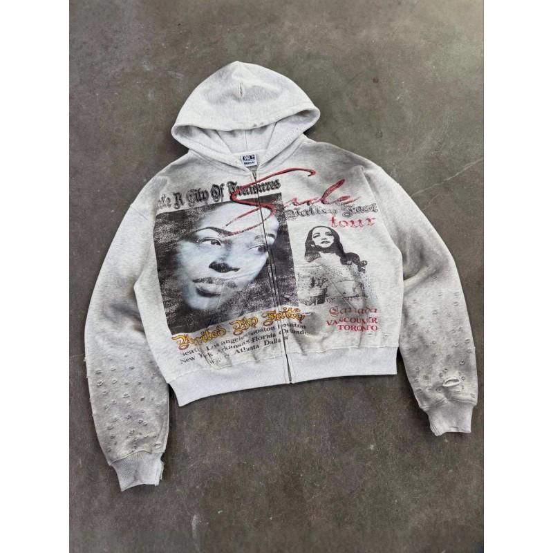 Unisex Streetwear Hooded Oversized Zip-Up Sweatshirt With Rhinestone Letter Print Loose Fit Hip Hop Style