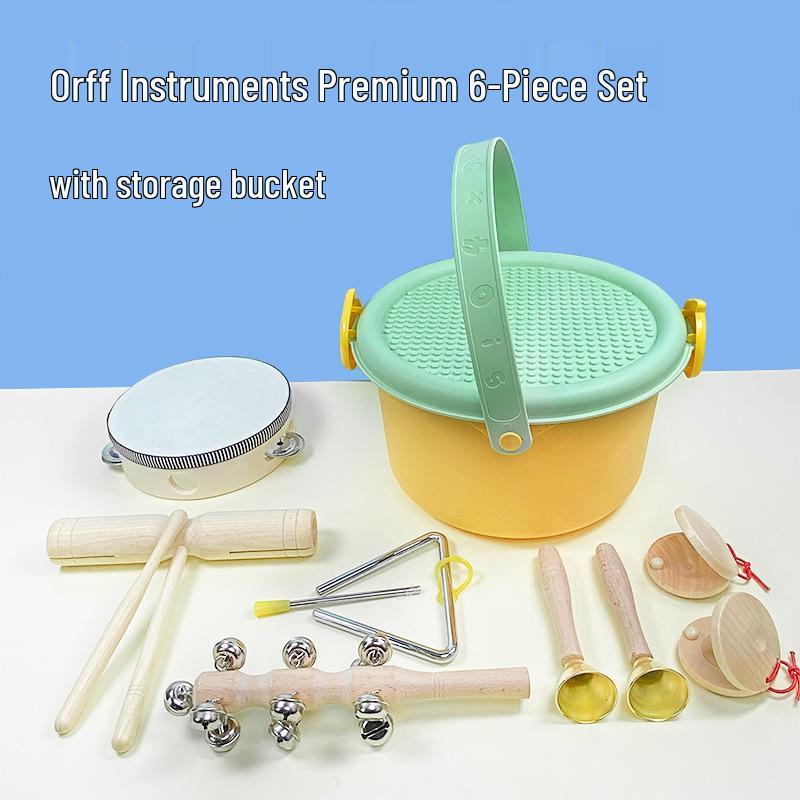 Детские музыкальные инструменты Орфа: Треугольник, Кастаньеты, Маракасы, Бубен, Деревянные бруски, Тарелки