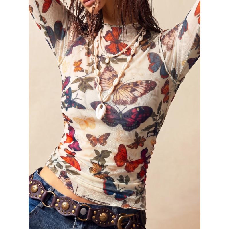 Butterfly Print Mesh Mock Neck Slim Fit Long Sleeve Top
