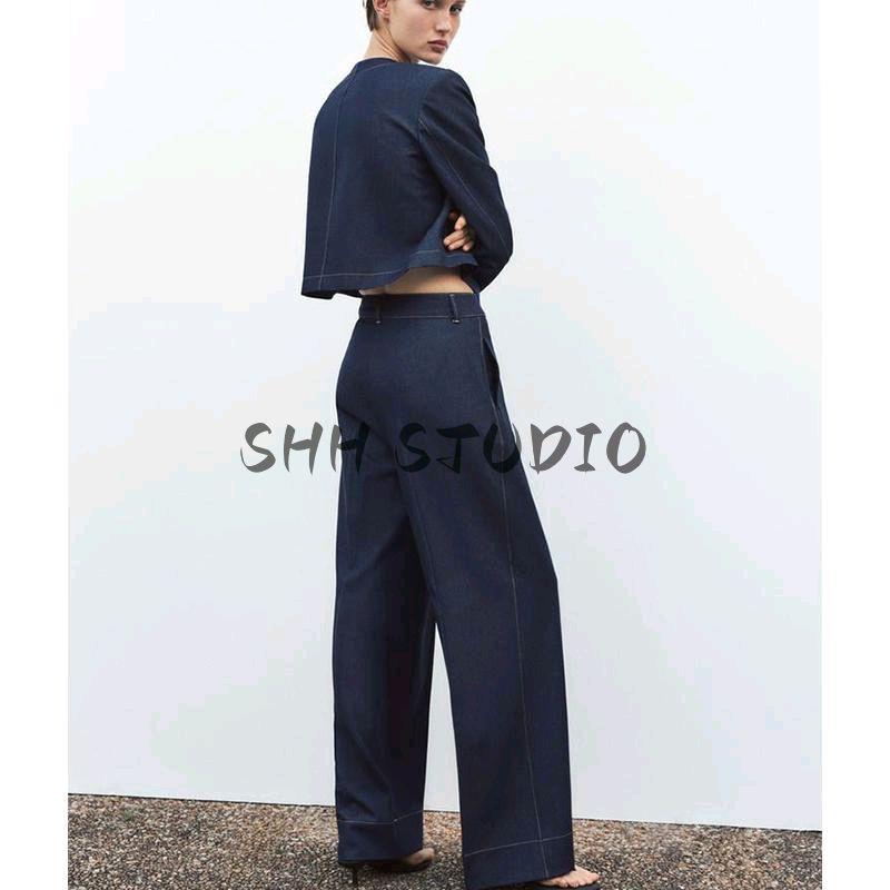 Spring New Women's Clothing High Waist Wide-Leg Pants 1478692 Contrast Color Seized String Decoration Short Coat 1478792