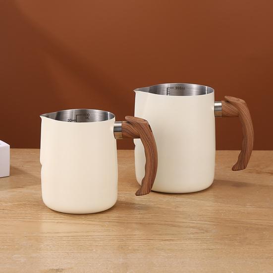 600/1000ML Milk Frothing Pitcher with Precise Scale Wooden Handle Dripless Spout Stainless Steel Latte Coffee Cup Milk