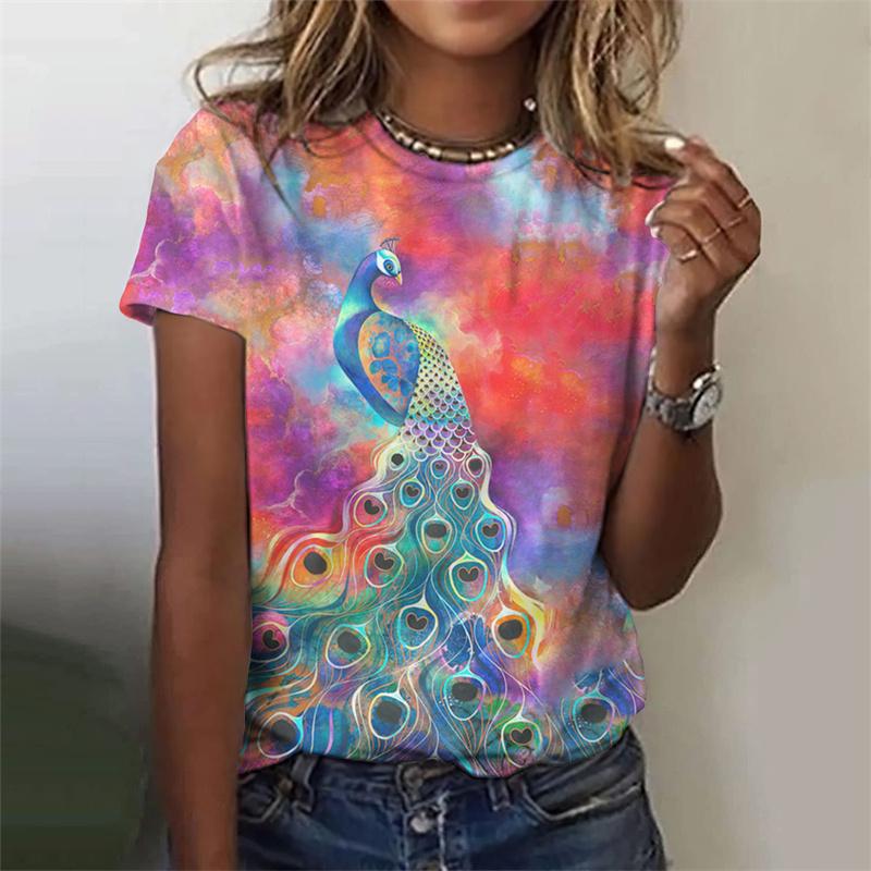 Красивая футболка с узором павлина для женщин, цветочные футболки с 3D-принтом, модные свободные футболки с короткими рукавами и круглым вырезом