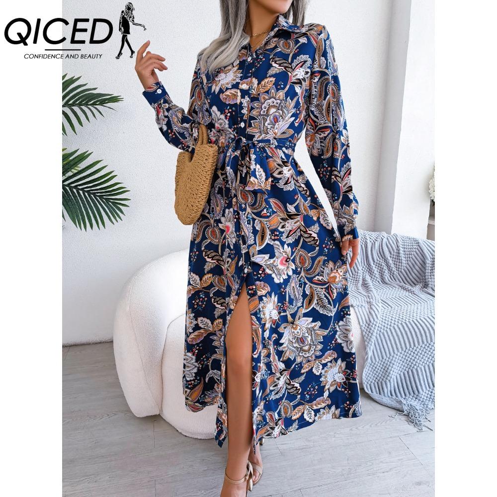 QICED Женское платье-рубашка с длинным рукавом и цветочным воротником в стиле ретро на весну-лето