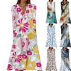 Women's Summer Casual V-Neck Button Vintage Floral Print Three-quarter Sleeve Long Dress With Pockets