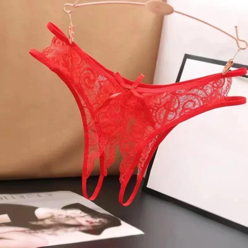 Sexy Lingerie Women's Panties Crotch Opening Transparent G-strings Thongs Solid Bowknot Underwear for Ladies Women Lace Pantys