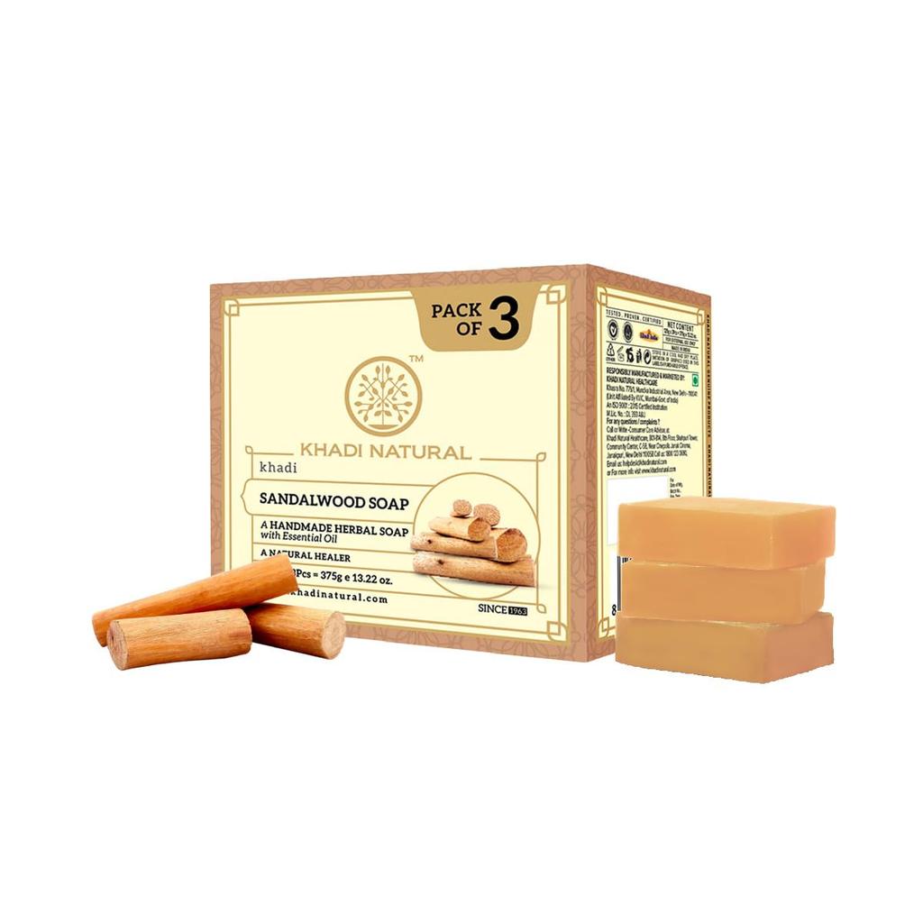 KHADI NATURAL Мыло-брусок для ванны с сандалом и эфирными маслами для гладкой, мягкой кожи. Мягкое ежедневное очищение. Упаковка 1 шт. (125 г x 3 шт.)