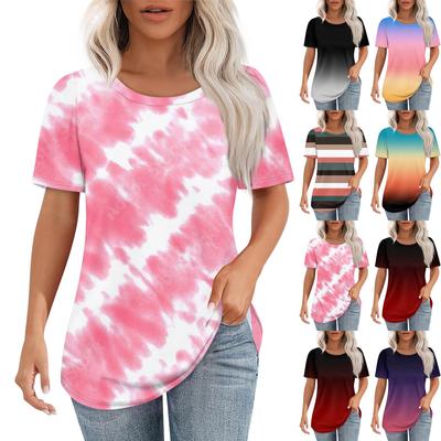 Футболки для женщин, плиссированные, с круглым вырезом, нарядные, повседневные, блузки с принтом, с коротким рукавом, летние топы, свободный крой